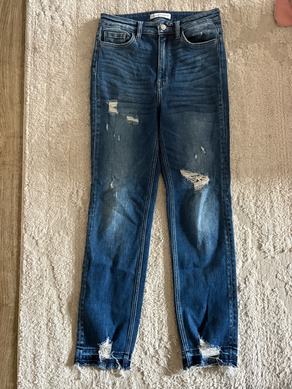 Flying Monkey Distressed High Rise Straight Leg Jeans Blue Frayed Raw Hem Size28